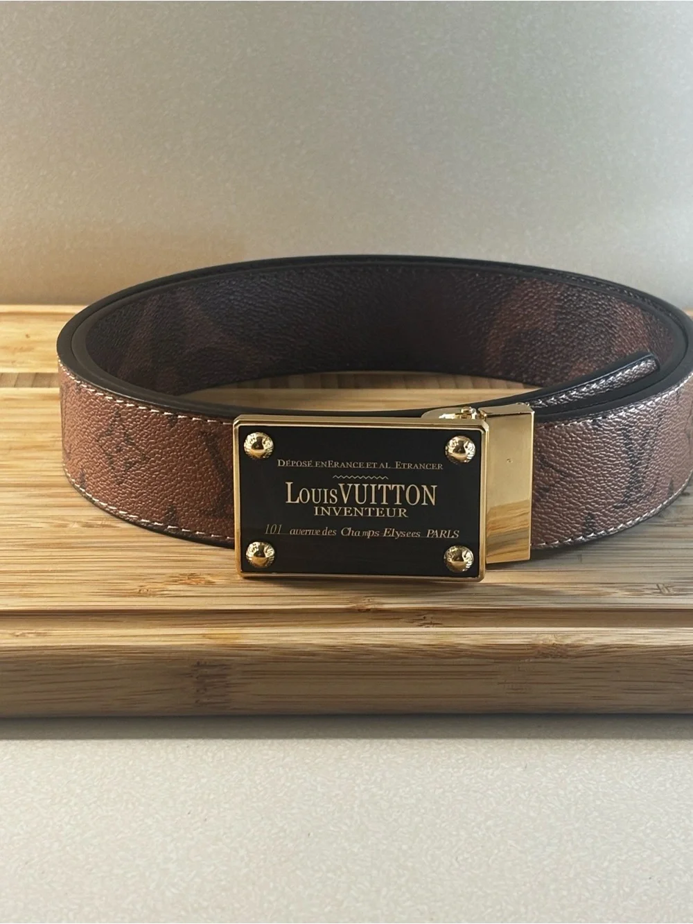 Brand New !!  Black & Brown Monogram Men’s Belt with Gold Plaque